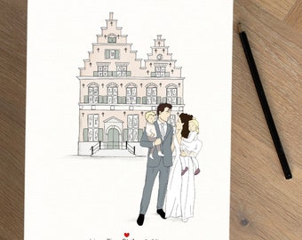 Custom illustraties geïnspireerd door foto's. Om bijzondere momenten vast te leggen. Huwelijk, verjaardag, gedenkdag, verhuizing etc.