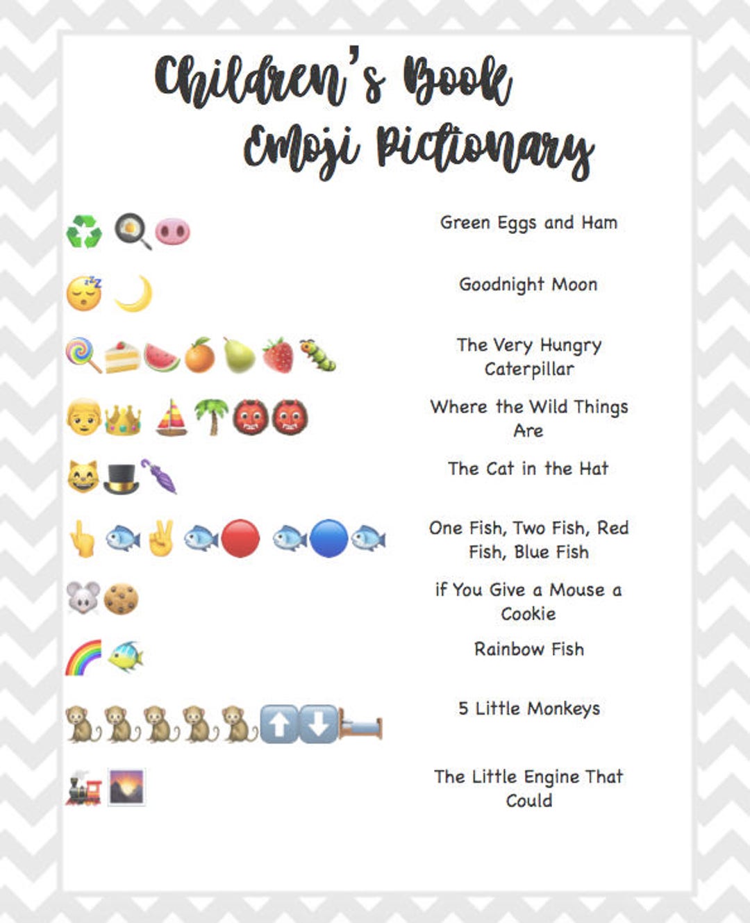 Children s Book Emoji Pictionary Baby Shower Grey Chevron Etsy Canada