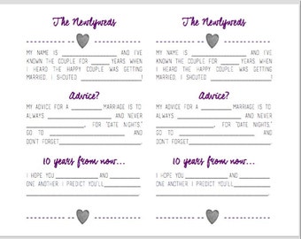 May include: A printable wedding advice card with a gray heart and purple text. The card has fill-in-the-blank questions for guests to give advice to the newlyweds.