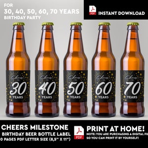 Cheers Milestone Birthday Beer Bottle Label, Birthday Beer Labels, 30 40 50 60 70 Labels, Instant Download