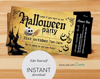 Uitnodigingen voor Halloween-tickets: bewerkbare feestuitnodigingen (digitale download)