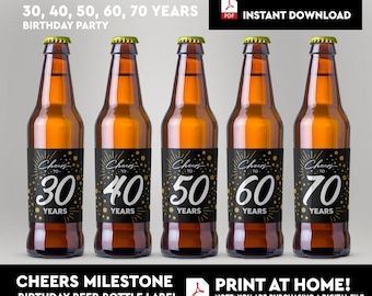 Cheers Milestone Birthday Beer Bottle Label, Birthday Beer Labels, 30 40 50 60 70 Labels, Instant Download