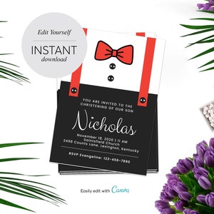 Bowtie Baptism Invitation Boy, Printable Invite, Baby Boy Invitations Template,DIY Invites Christening, Dedication,Self-Editable Template