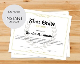 Editable First Grade Diploma Template: Printable Graduation Certificate (Canva)