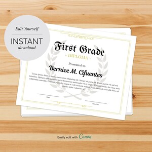 Full Editable Grade School Diploma, Graduation Certificate, First Grade Graduation Grad Template Ready To Print,Child diploma,Canva Template