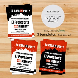 La Casa De Papel Editalble uitnodiging voor feest, La Casa De Party verjaardagsfeestje, Canva sjabloon zelf bewerken, gelukkige verjaardag, Instant Digitale Download