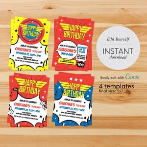 4 WonderWoman Editable Invitation Templates, DC Comics Birthday Party, Editable Canva Template, Happy Birthday, Superhero Birthday, Instant