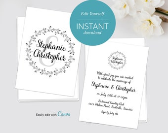 Romantic Wreath Personalised Wedding Invitation, Table Numbers,Information Card, RSVP Card, Wedding Hashtag Card,Save the date Card, Canva