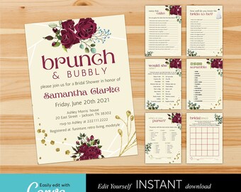 Burgundy Roses Bridal Shower Invitation & Games: Canva Template (Digital Download)