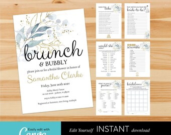 Greenery Bridal Shower Invitation & Games: Brunch and Bubbly (7 Pages, Canva Template, Digital Download)