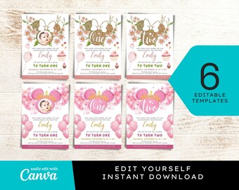 6 Pages Minnie Mouse Birthday Invitation Girl, Printable Invite Template,DIY Invites,Self-Editable Template at Canva