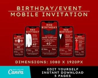 Red Notice Birthday Mobile Invitation: Canva Template (Digital Download)