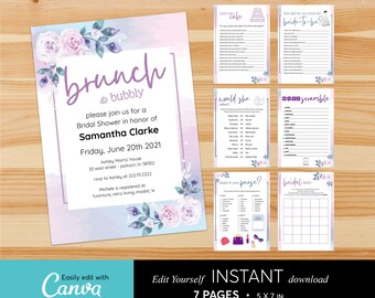 Purple Watercolor Bridal Shower Invitation & Games: Brunch and Bubbly (Canva Template)