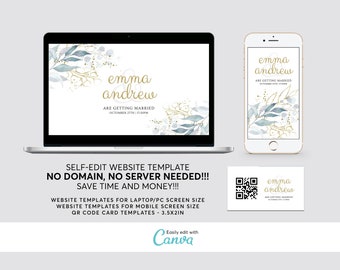 Greenery Gold Wedding Website Template: Mobile & Laptop, QR Code (Canva Editable, Digital Download)