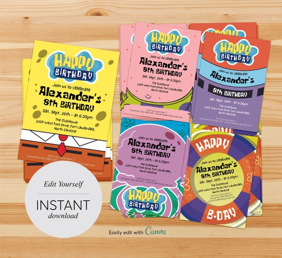 Spongebob Birthday Invitation: Editable Canva Template (Digital Download)