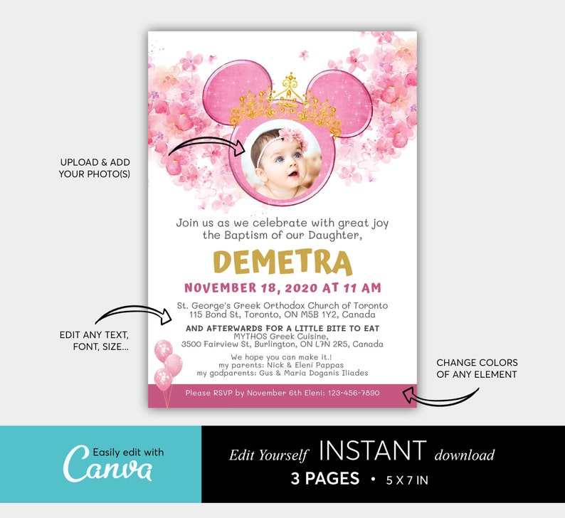 3 Pages Minnie Mouse Baptism Invitation Girl, Printable Invite Template