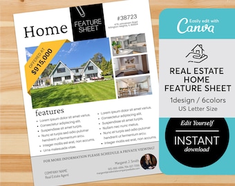 Real Estate Home Feature Sheet Flyer Template, Real Estate Marketing and Branding, For Sale Flyer, Open House Flyer,Self-Edit Canva Template