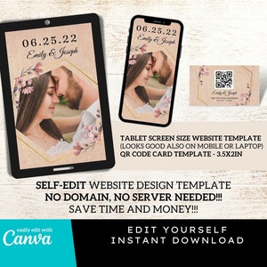 May include: A digital template for a wedding website with a floral design and a couple's photo. The template is designed for tablet screens but can also be used on mobile or laptop devices. It includes a QR code card template. The text on the template reads "06.25.22 Emily & Joseph".