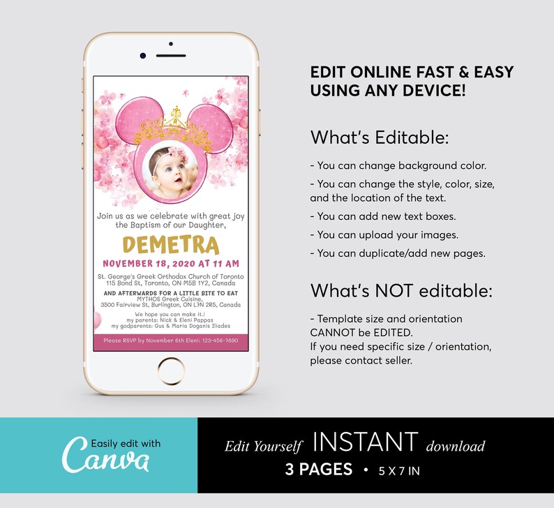 3 Pages Minnie Mouse Baptism Invitation Girl, Printable Invite Template