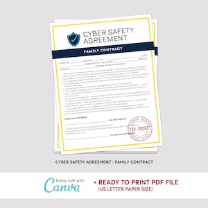 Cyber Safety Agreement Family Contract, Secure Internet Access for Kids Agreement, Ready to Print PDF & Editable Canva Template