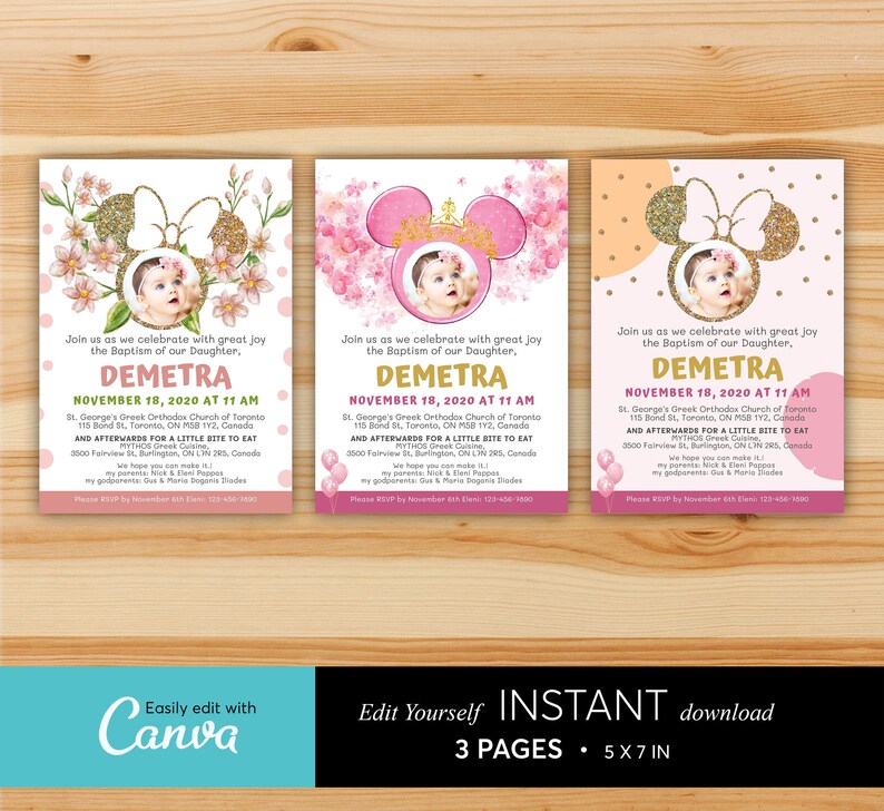 3 Pages Minnie Mouse Baptism Invitation Girl, Printable Invite Template