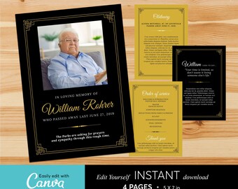 Floral Funeral Program Template: Celebration of Life, 4 Pages (Canva Template)