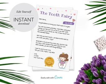 Editable Tooth Fairy Letter, INSTANT DOWNLOAD, Printable, Editable Template, Personalised Tooth Fairy Note
