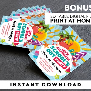 Schools Out Party Invitation, End of School Party, School&#39;s out for summer invitation, Summer Party Digital File, Editable, Instant download