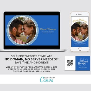 May include: A blue and white wedding website template featuring a photo of a couple within a circle adorned with a Greek key border. The text "Maria & George are getting married" is displayed in gold lettering. The template is suitable for laptop, mobile phone, and QR code card use.