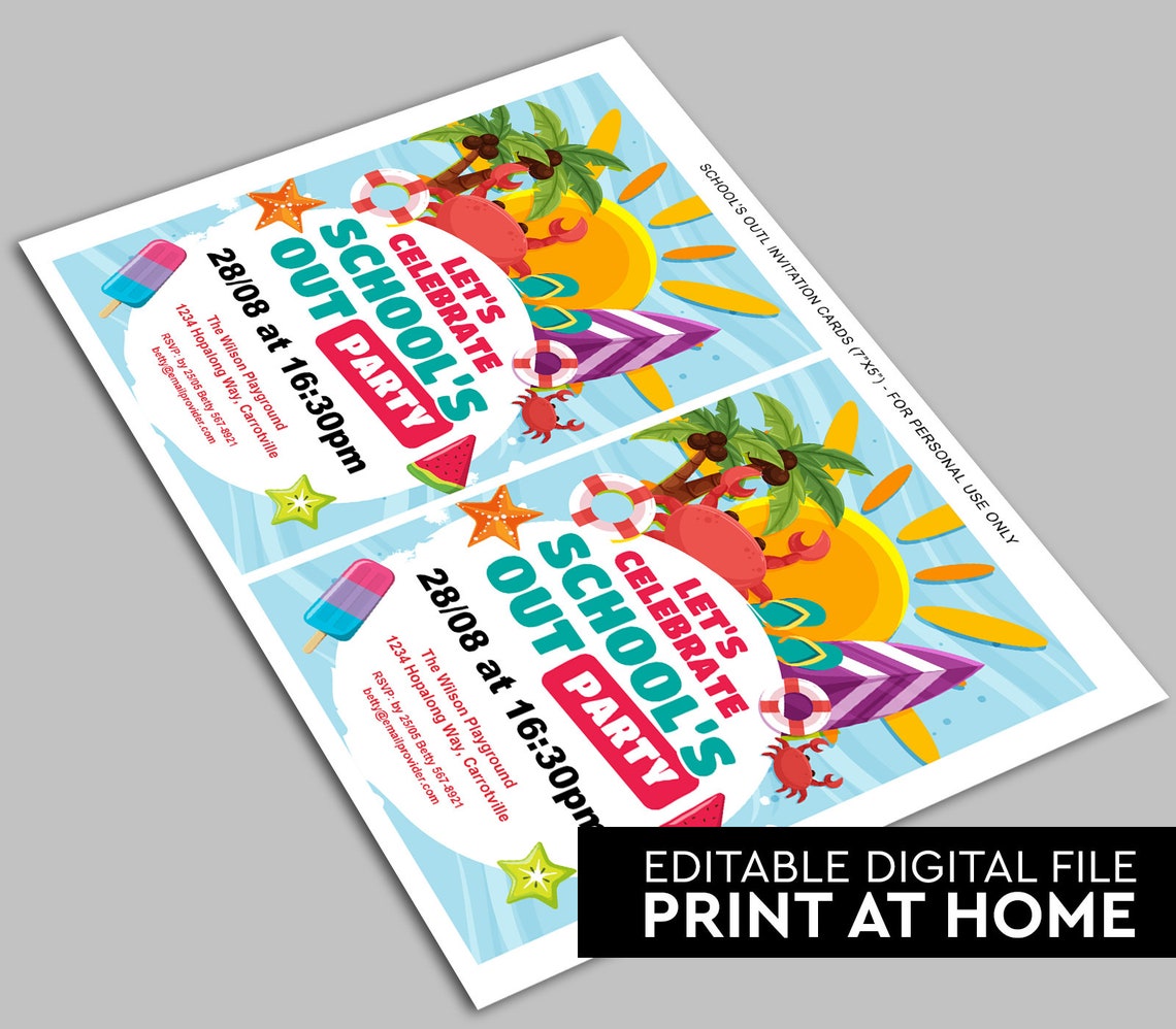Schools Out Party Invitation, End of School Party, School's Out for ...