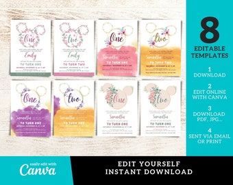 Minnie Mouse Birthday Invitation: Floral Wreath, Editable Template (Digital Download)