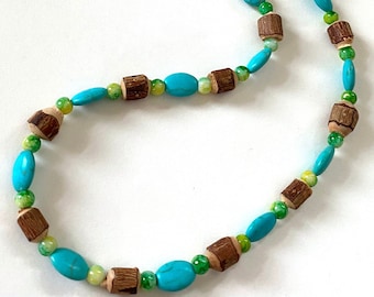 Rustic Bead Necklace, Carved Wood Long Double Up Necklace, Brown Green and Blue