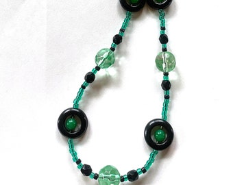 Green and Black Beaded Necklace, Short Green Necklace, Chunky Beads Necklace