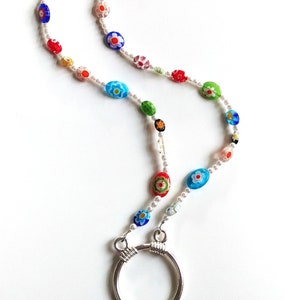 Millefiori Eyeglass Necklace, Colorful Eyeglass Chain, White Bead Lanyard for Glasses