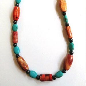 Brown and Turquoise Long Wood Bead Necklace