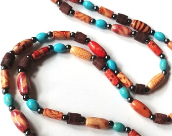 Long Boho Necklace, Brown and Turquoise Rope Length Wood Bead Wrap Necklace