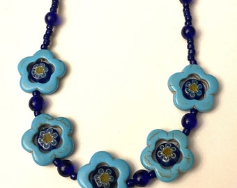 Blue Flower Bead Necklace with Millefiori