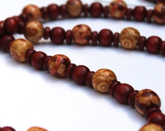 Wood Bead Necklace, Red and Tan