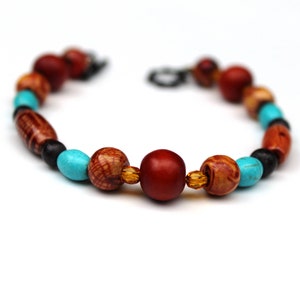 Parure de bijoux marron et turquoise, collier de perles en bois, parure de collier long bohème