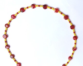 Choker Necklace, Yellow and Red Tiny Bead Millefiori Minimalist Jewelry