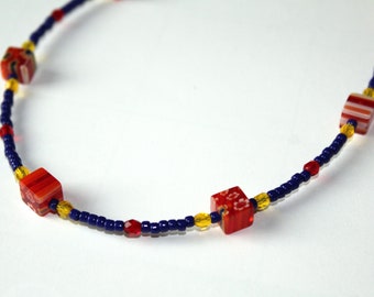 Short Bead Necklace, Blue & Red Tiny Bead Minimalist Jewelry, Millefiori