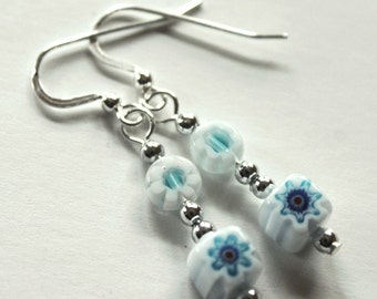 Light Blue Bead Earrings, White Millefiori Dangle Jewelry