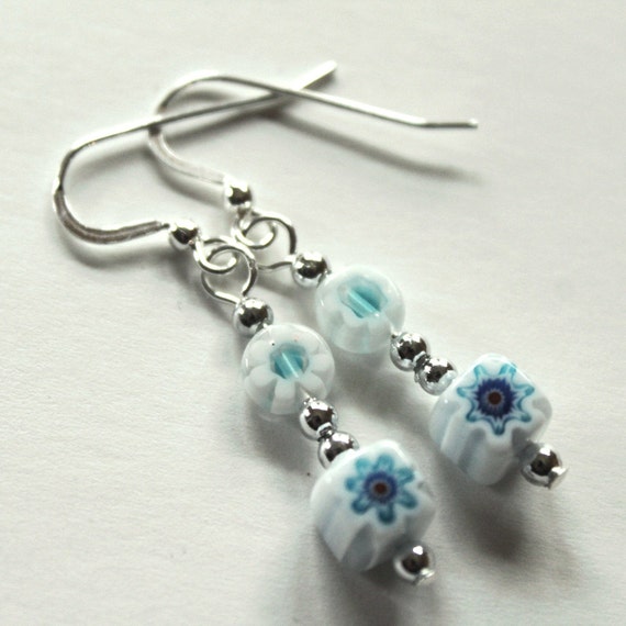 Light Blue Bead Earrings, White Millefiori Dangle Jewelry