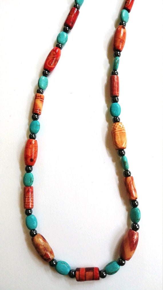 Brown and Turquoise Long Wood Bead Necklace