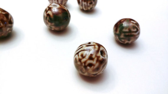 Bead Porcelain Brown/Green Round 20mm, Pack of 6, DIY craft