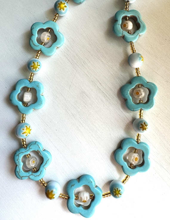 Turquoise Blue Necklace with Baby Blue and White Millefiori Beads, Chunky Jewelry