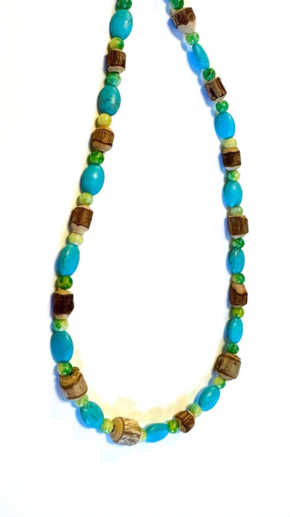 Rustic Bead Necklace, Carved Wood Long Double Up Necklace, Brown Green and Blue