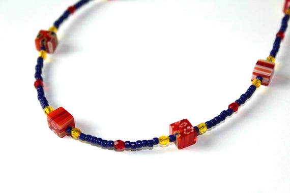 Short Minimalist Bead Necklace, Blue & Red Tiny Bead Jewelry, Millefiori