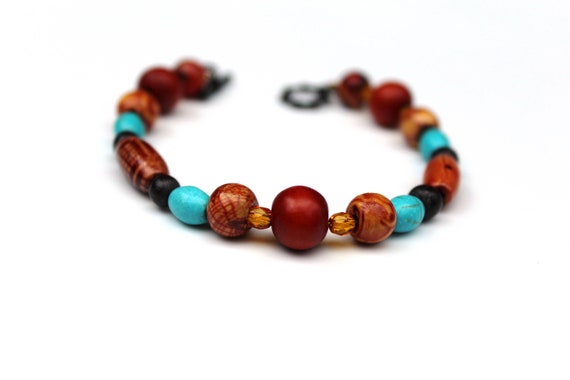 Brown and Turquoise Jewelry Set, Wood Beaded Necklace, Long Boho Necklace Jewelry Set