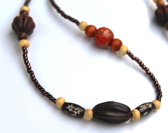 Brown Beaded Necklace, Short Wood Bead, Boho Asymmetrical Necklace